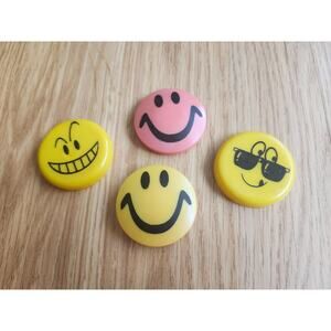 Lot of 4 Smiley Face Refrigerator Magnets – Retro Emoji Style Happy Face Decor